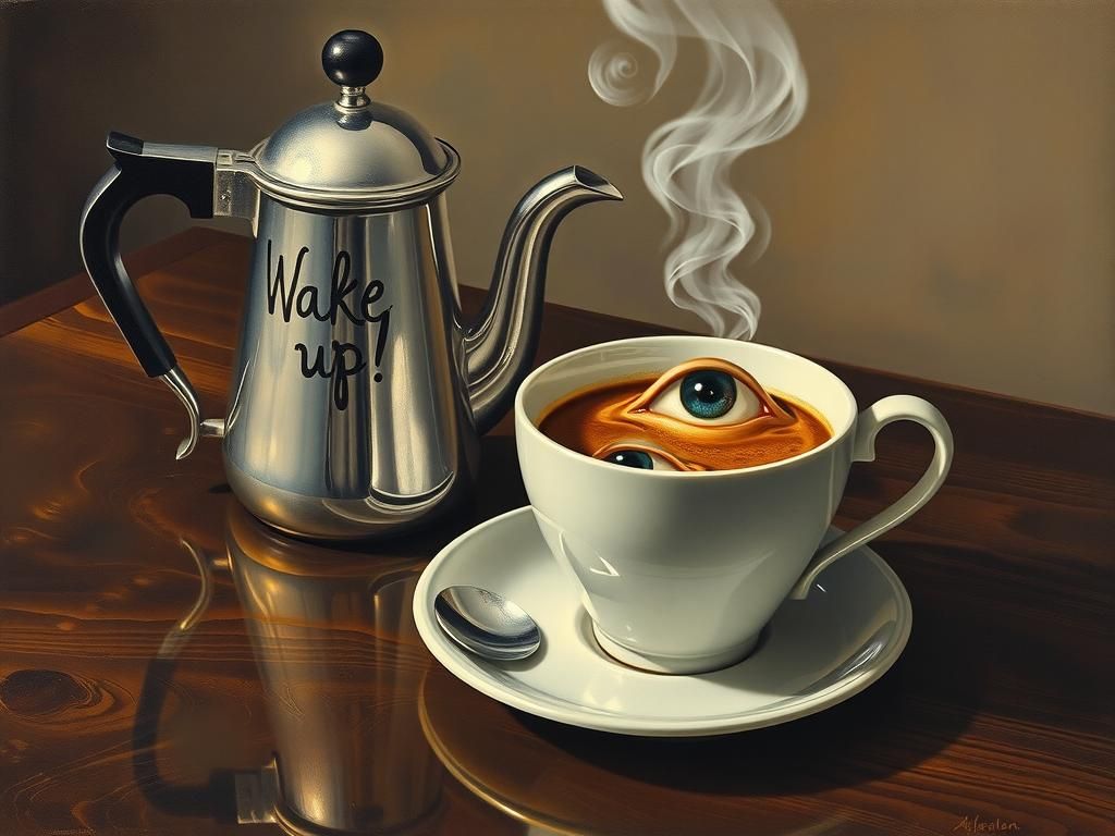 Surreal Breakfast Still Life in Escher and Magritte Style