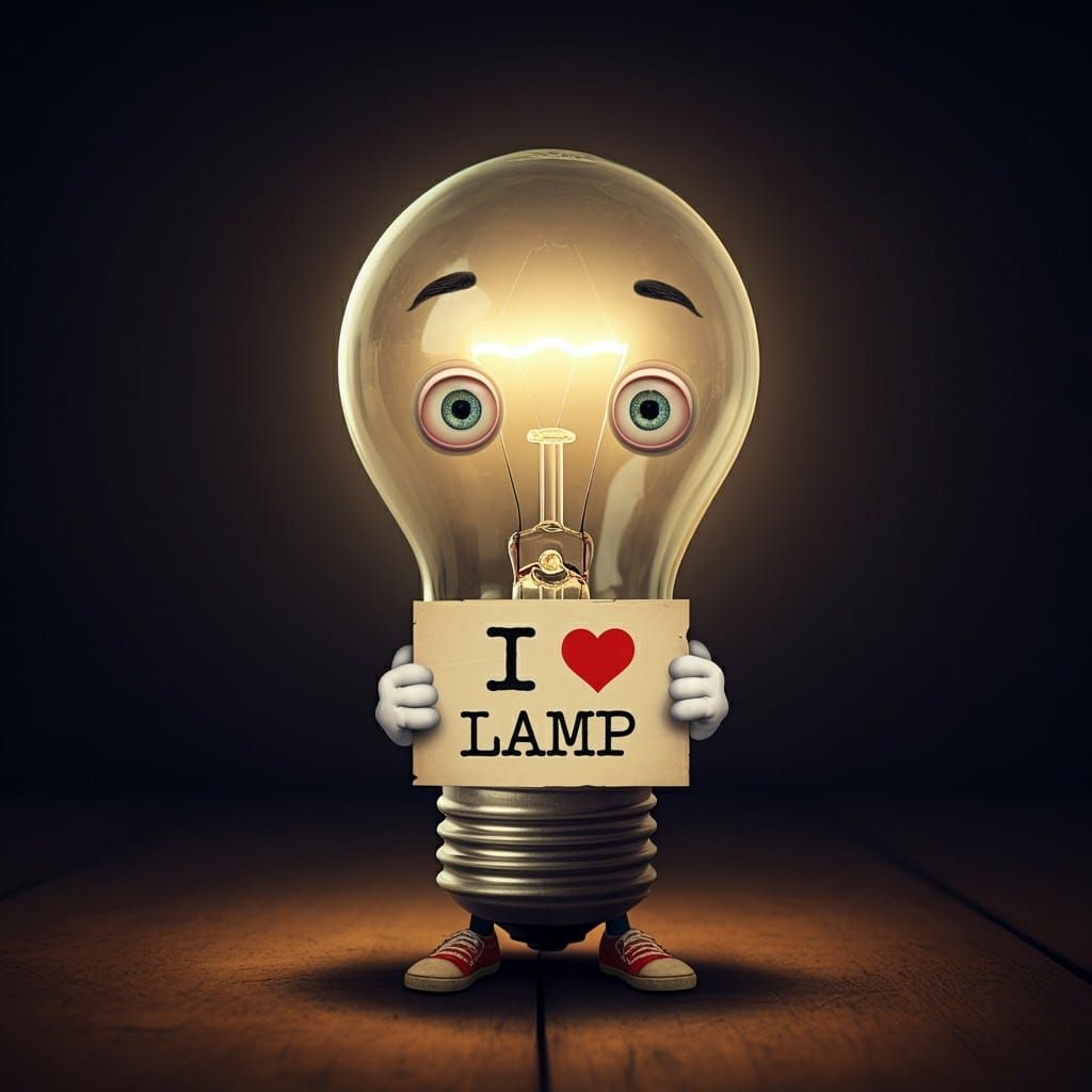 Anthropomorphic Lightbulb Holding a Sign in Sci-Fi Style