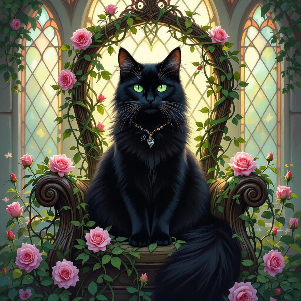 Black Cat on Floral Throne in Pre-Raphaelite Style