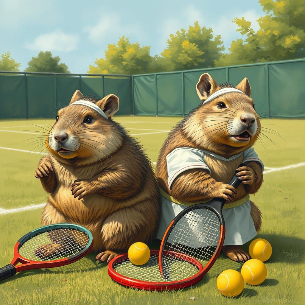 Capybaras in Tennis Attire on Grassy Court