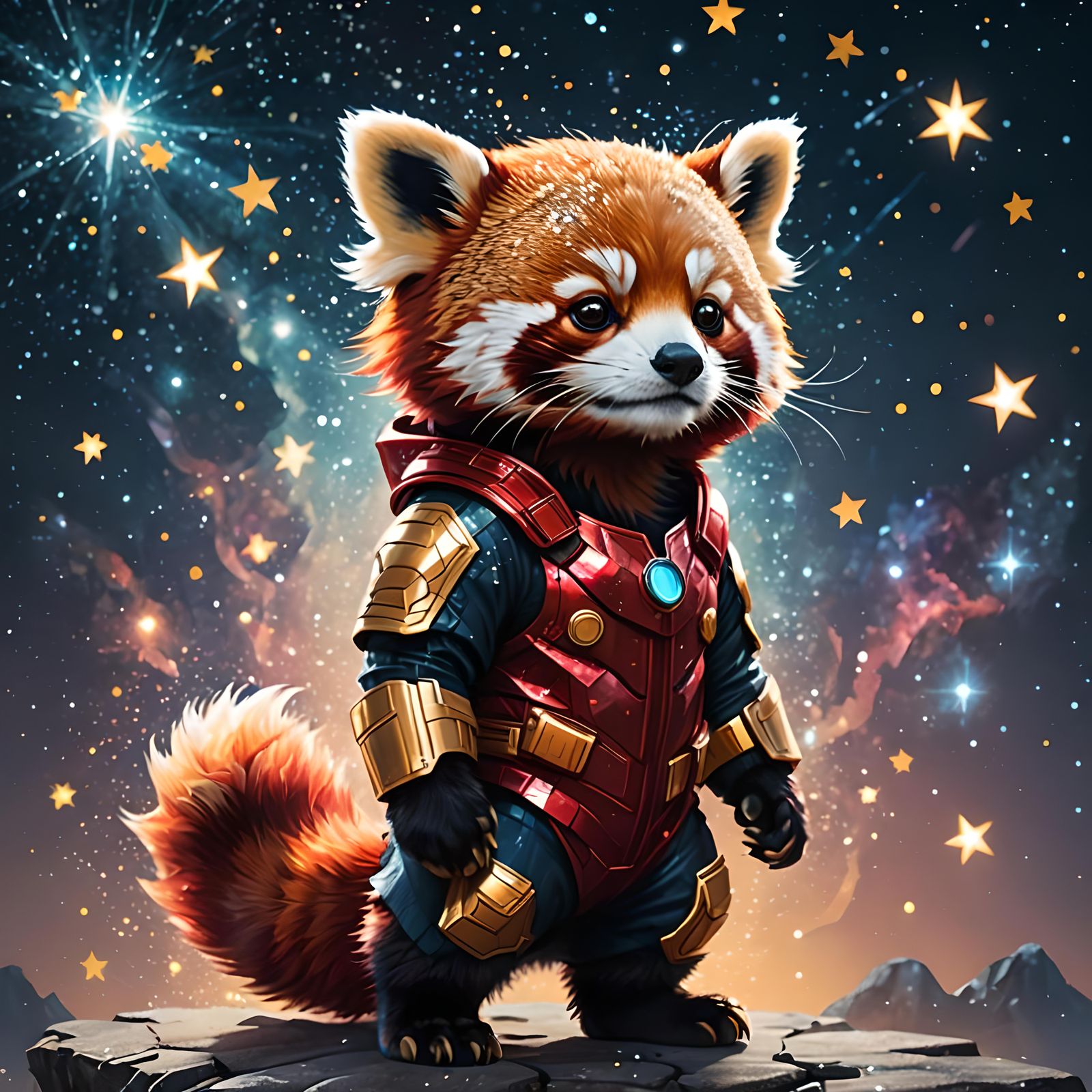 Chibi Red Panda Superhero Portrait in Double Exposure
