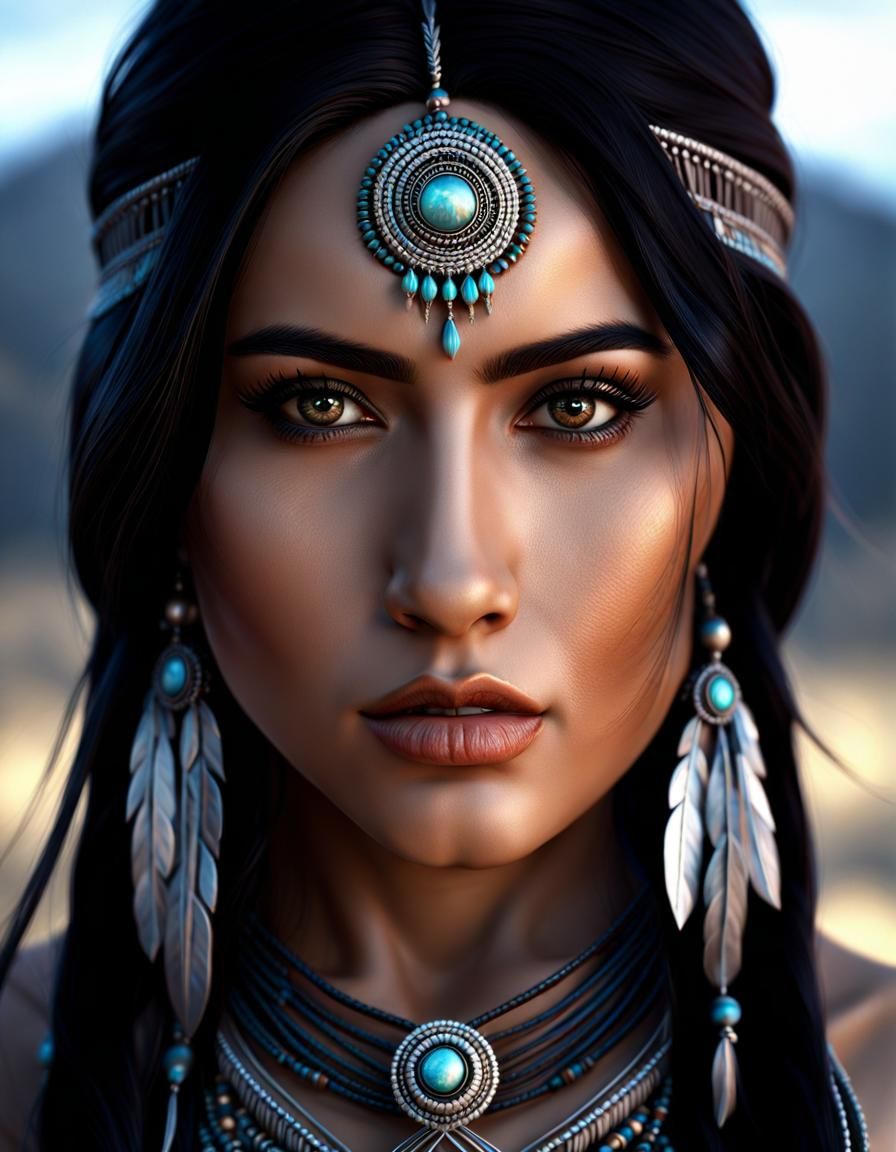 Detailed Portrait of Native American Woman in High Fantasy S...