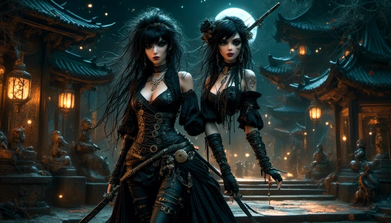 Anime Ninja in Temple Courtyard: Digital Painting