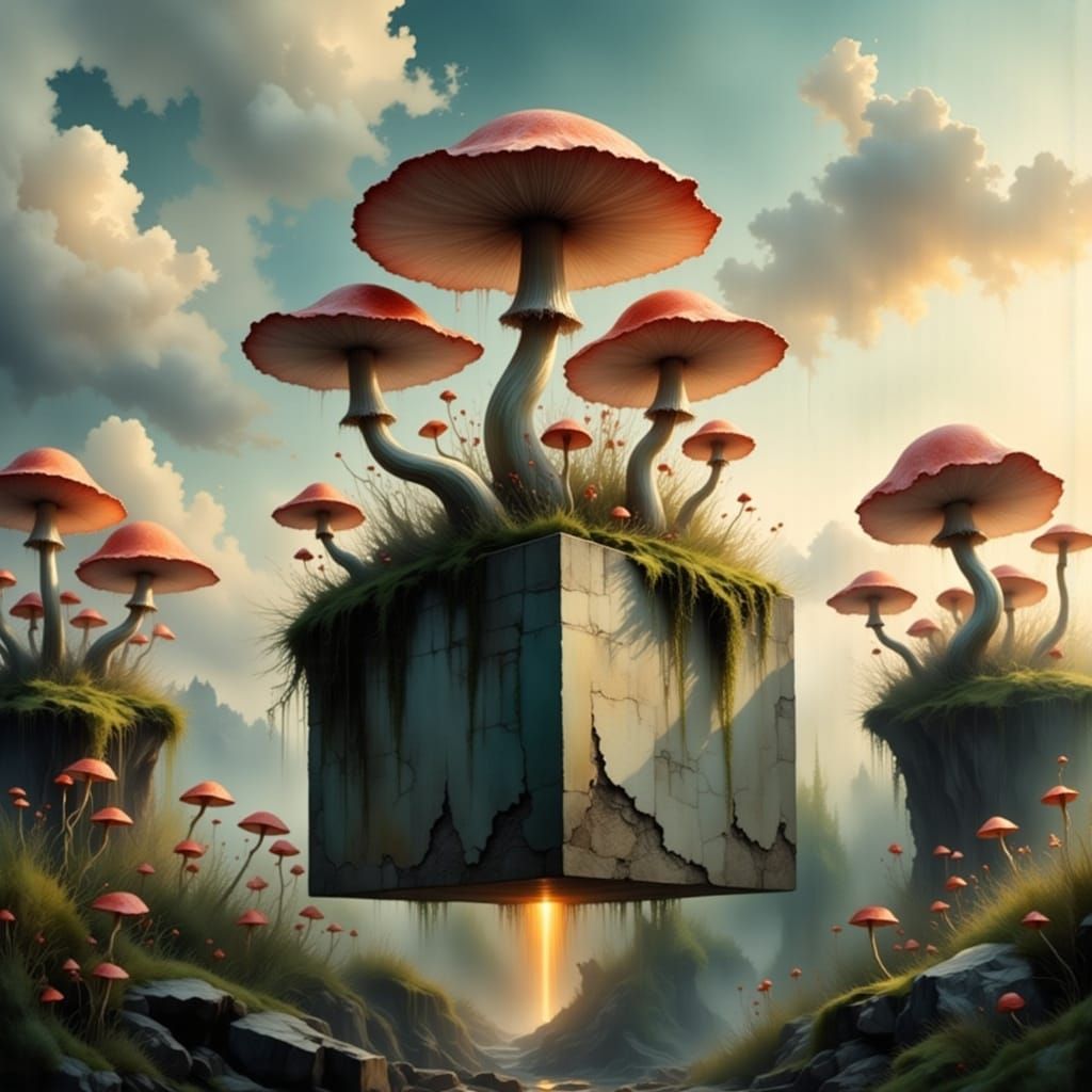 Bioluminescent Mushrooms Erupting from Concrete Cube in 3D R...