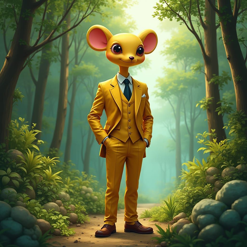 Gopher in Gold Suit Amidst Lush Forest