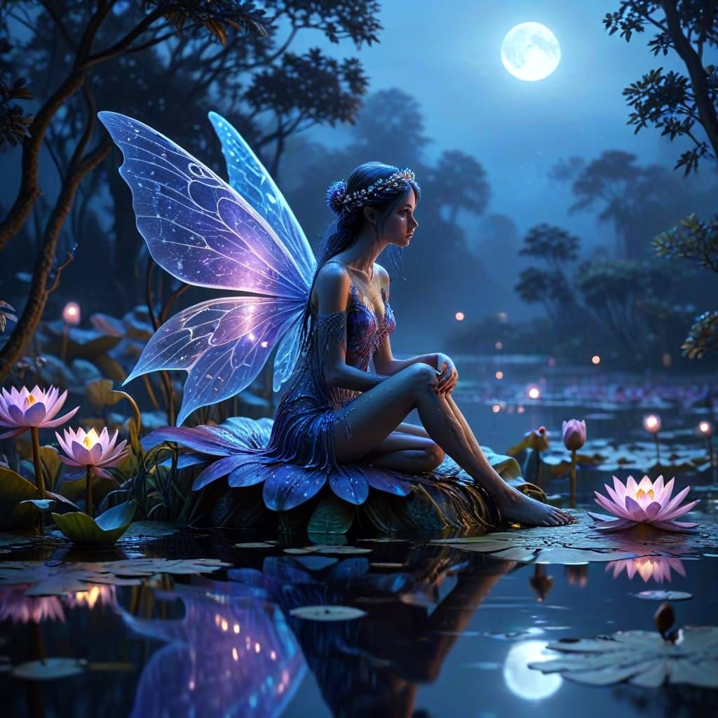 Fairycore Fairy on Moonlit Pond, Detailed Matte Painting