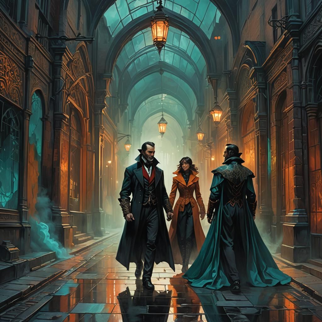 Dark Fantasy Confrontation in Ornate Art Nouveau Style