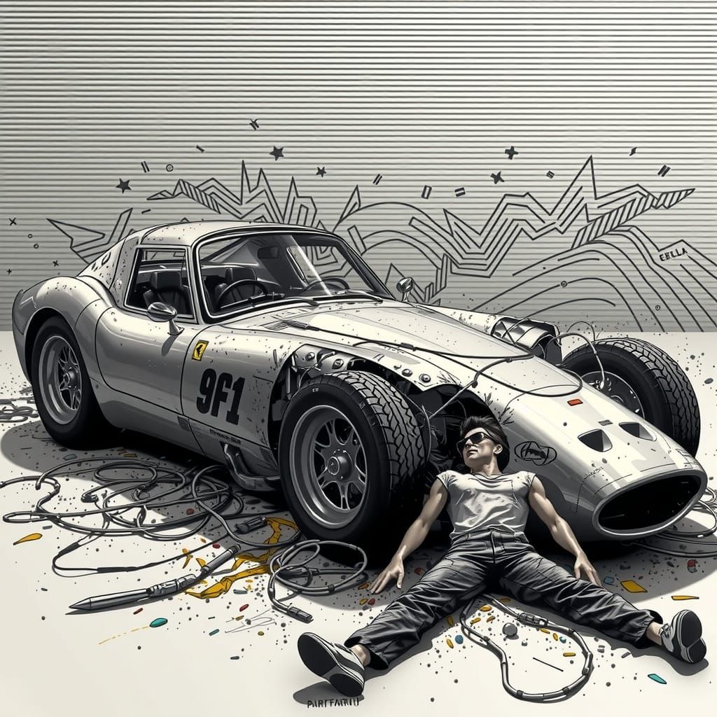 super hyper mega retro man lying in twisted wreckage of ferr...