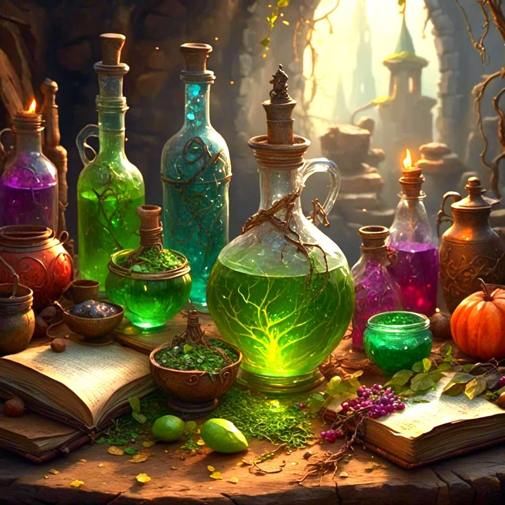 Hyperrealistic Magic Potion Brewing Scene