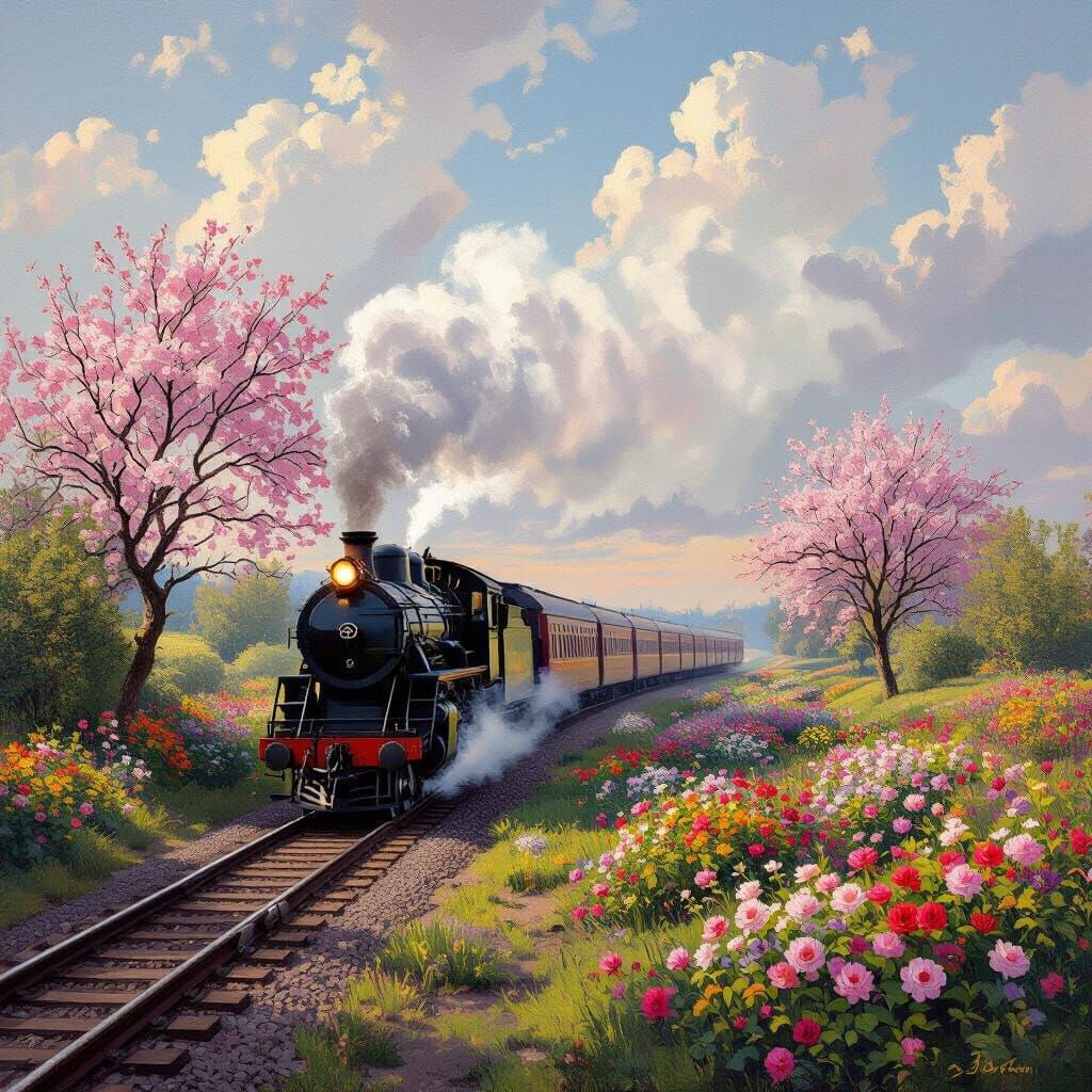 Impressionistic Oil Painting of a Train at a Blossom-Filled ...