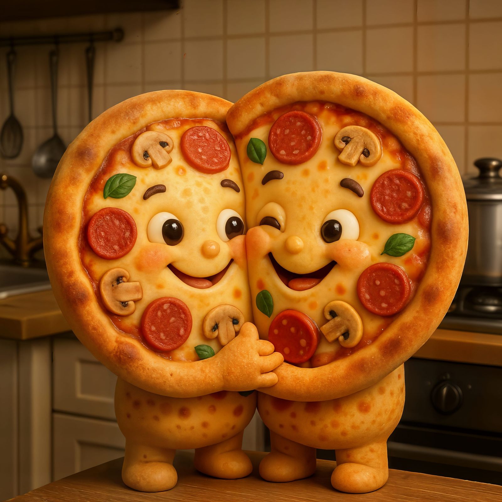Adorable CGI Pizza Characters Hugging in Kitchen