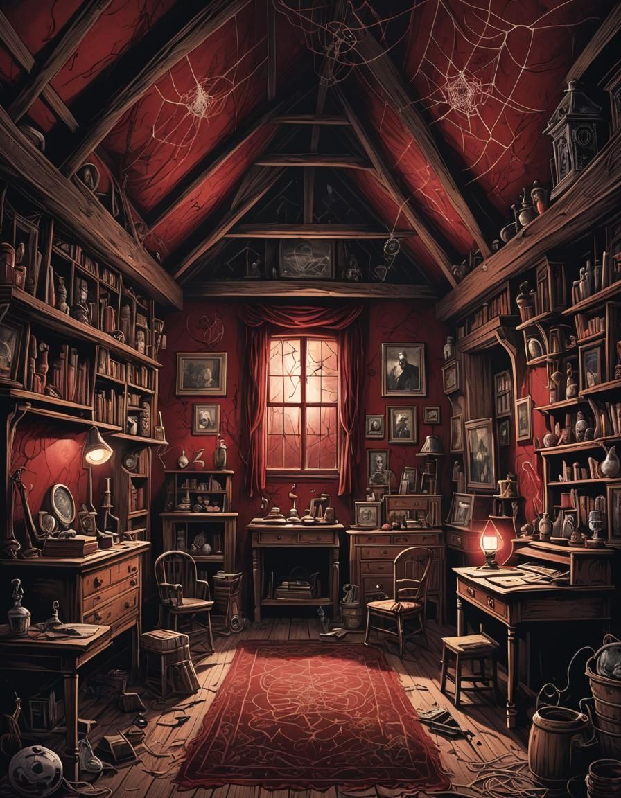 Sinister Attic with Ghostly Shadows and Antiques