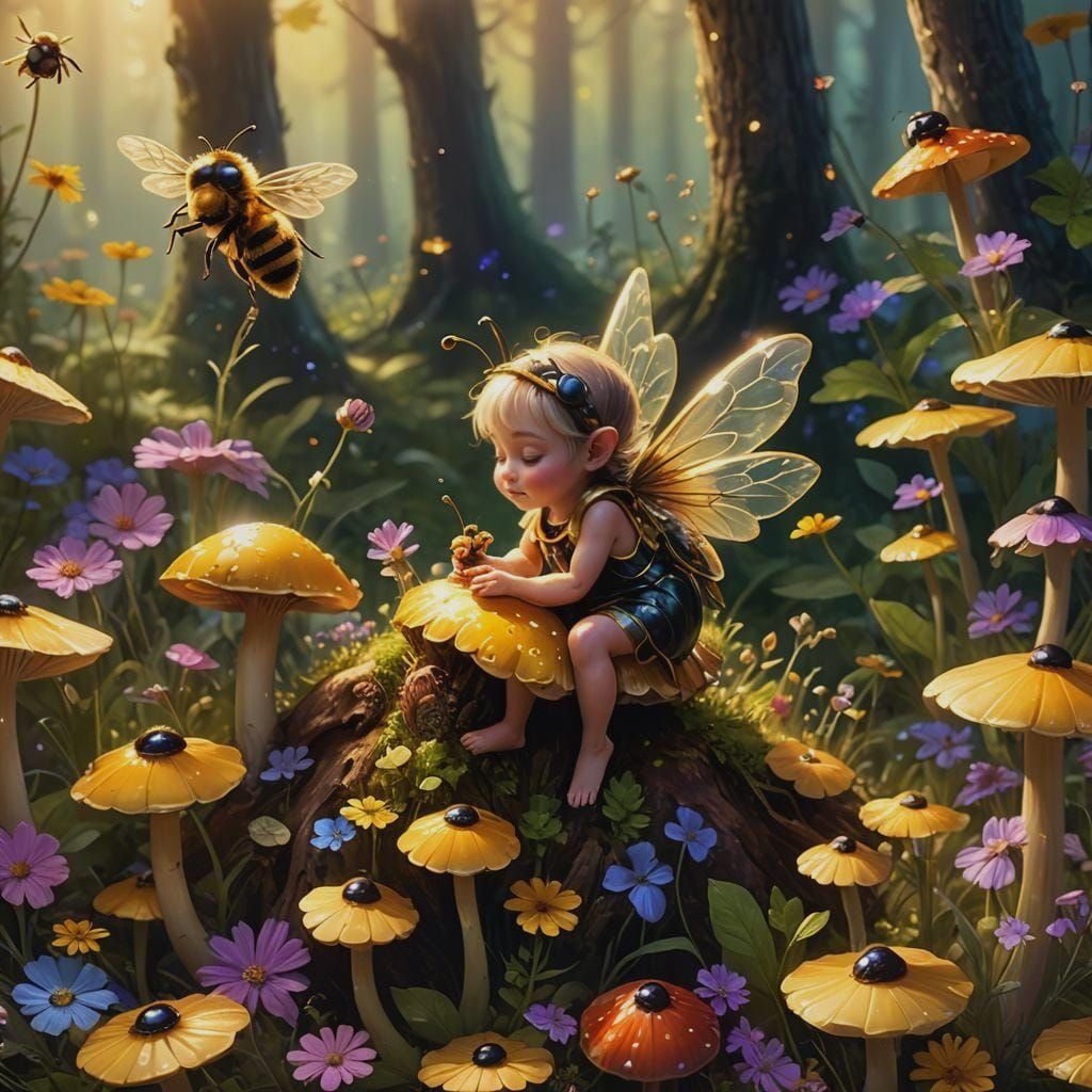 Baby Fairy Snuggling Bee, 3D Digital Art