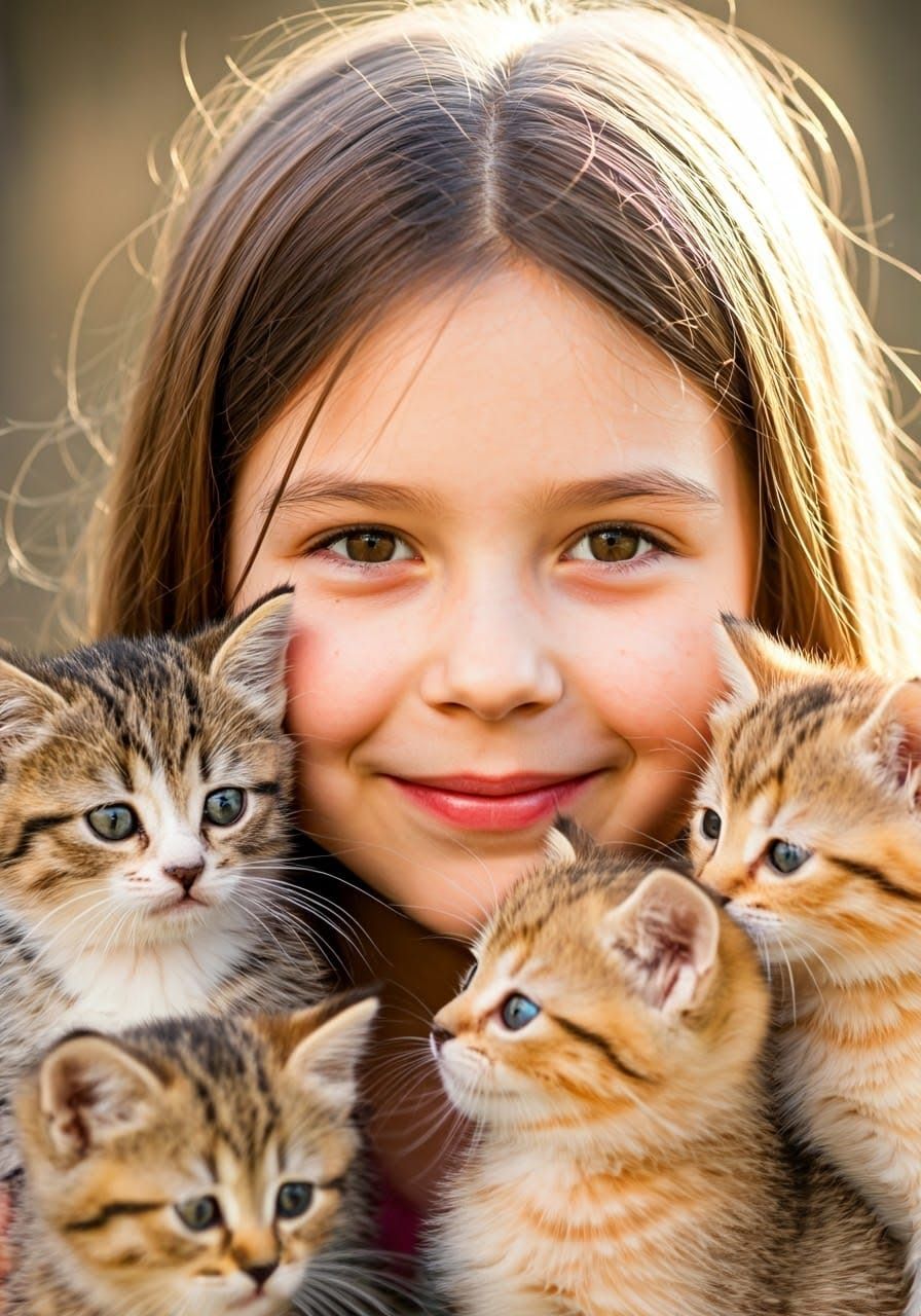 Gentle Girl Surrounded by Playful Kittens in Warm Sunlight