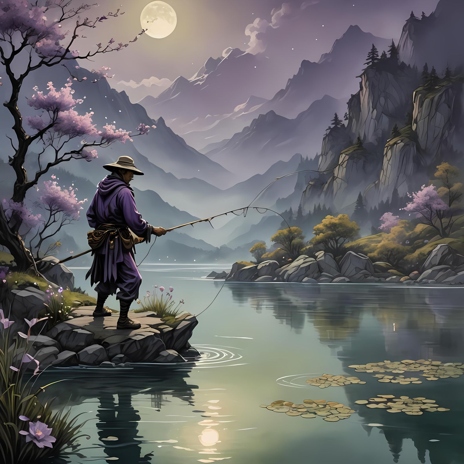 Twilight Fisherman in Mountain Lake: Fantasy Concept Art