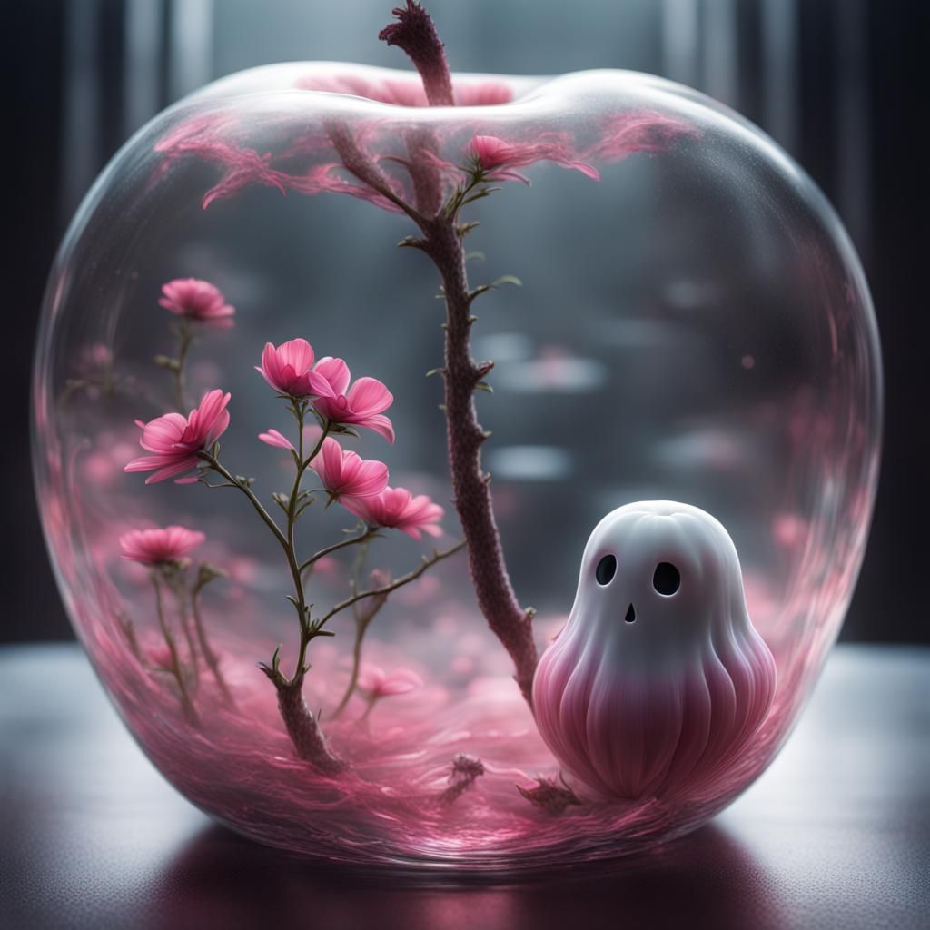 Pink Flower and Ghost in Glass Apple