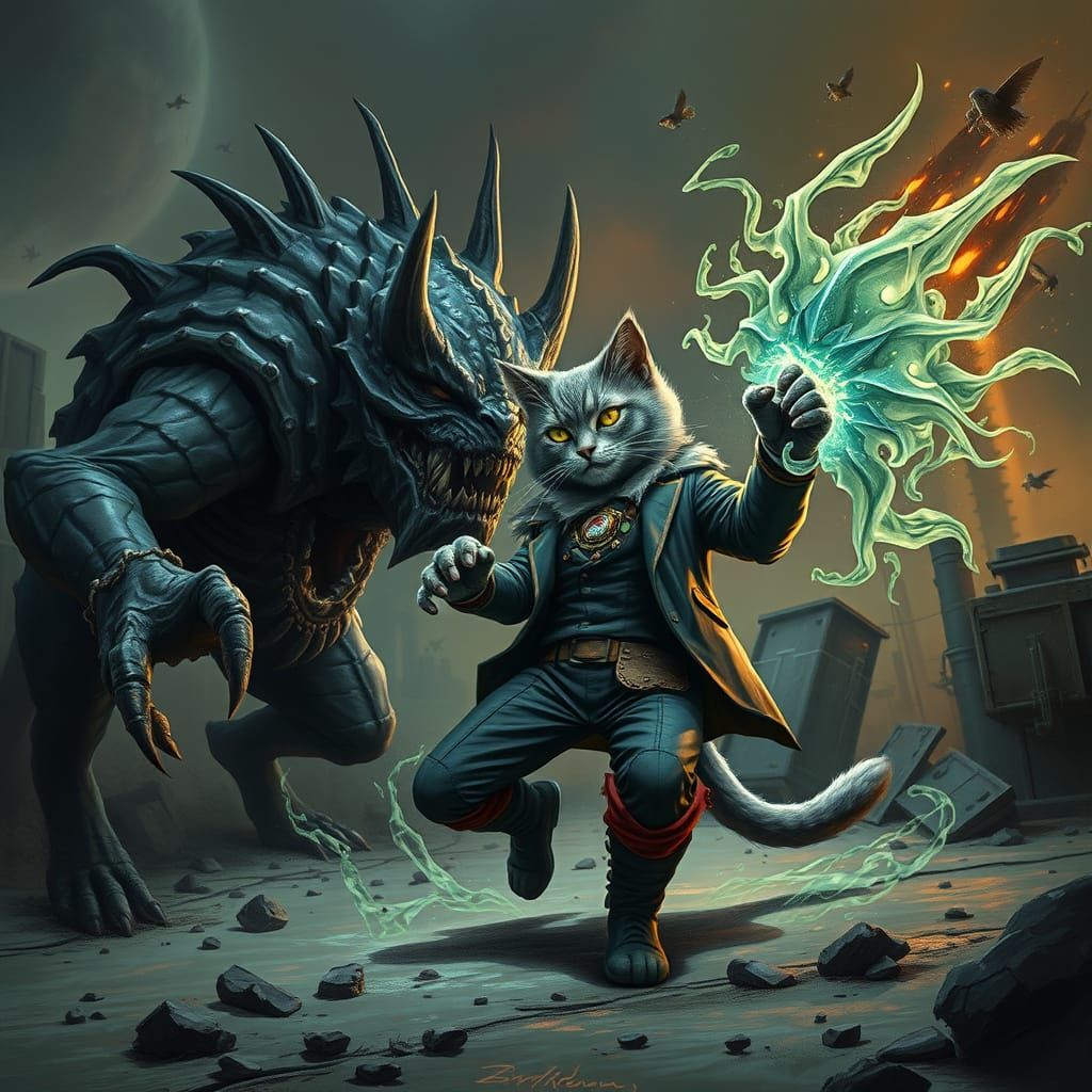 Chartreux Cat Battles Monster in Post-Apocalyptic World