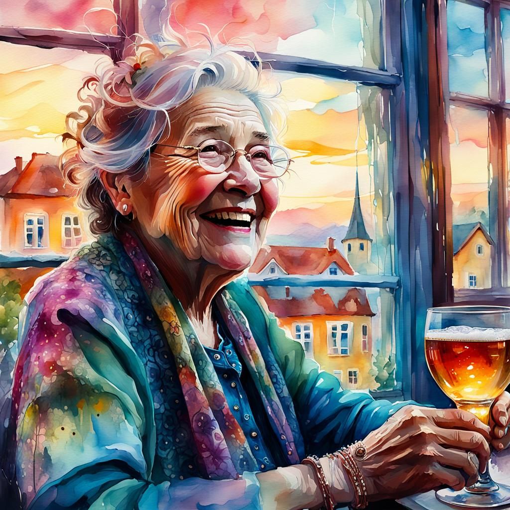 Happy Granny in Watercolor Pub Scene