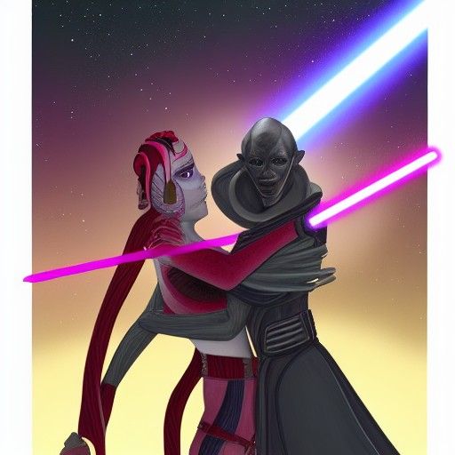 Sith Warrior and Twi'lek Embrace in Divine Light