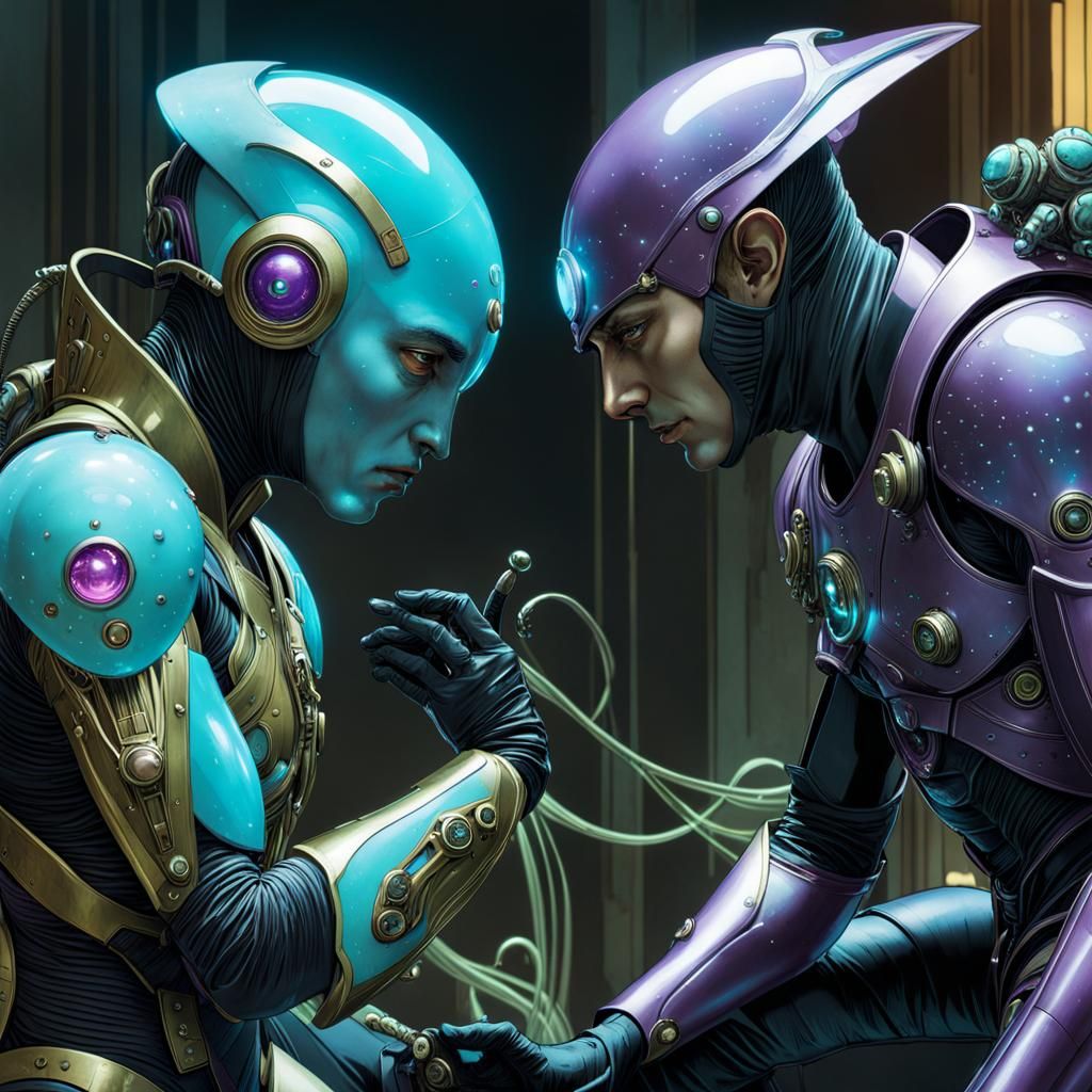 Elves Examine Genasi Corpse in Futuristic Exosuit