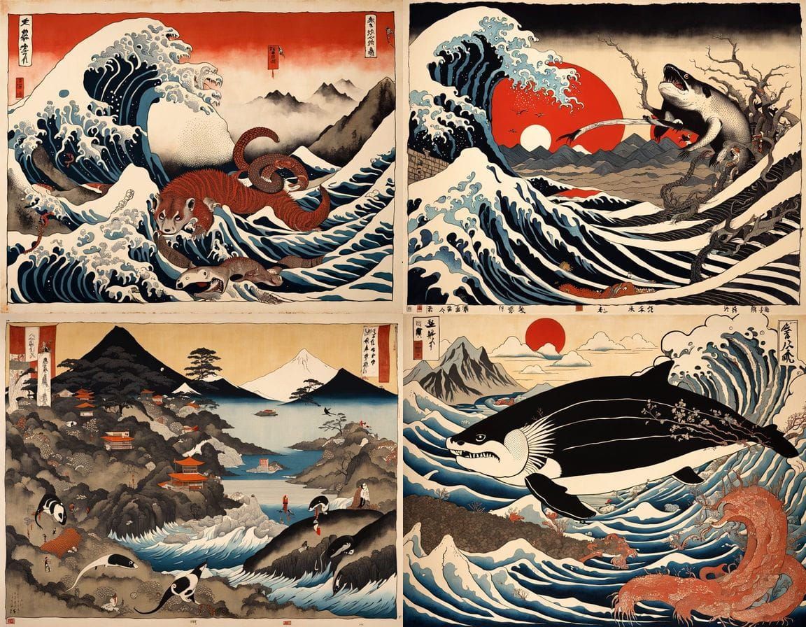 Surreal Japanese Woodblock Print of Hybrid Panda and Porcupi...