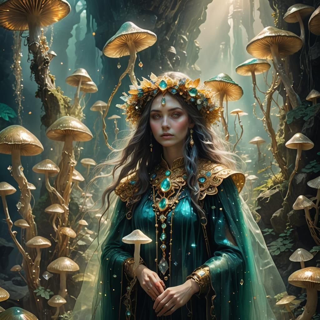 Mysterious Maiden in Crystal Cavern with Magic Staff