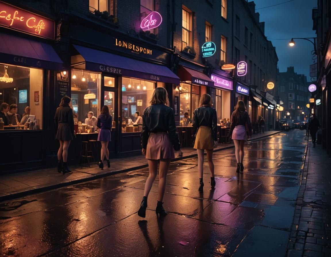 Night Cafe Scene with Women in Cyberpunk Style