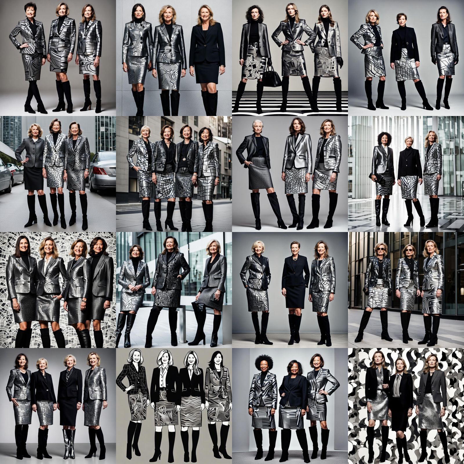 Businesswomen in Silver and Black Abstract Suits