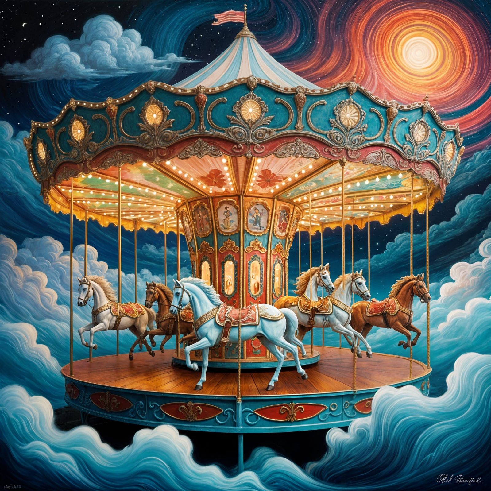Brightly Painted Carousel Glows at Night