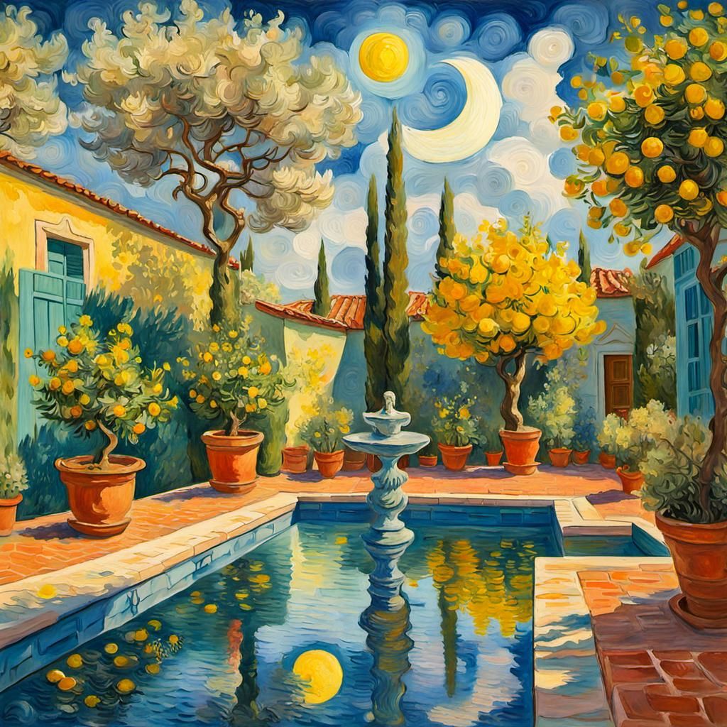 Italian Courtyard in Springtime as Impasto Gouache