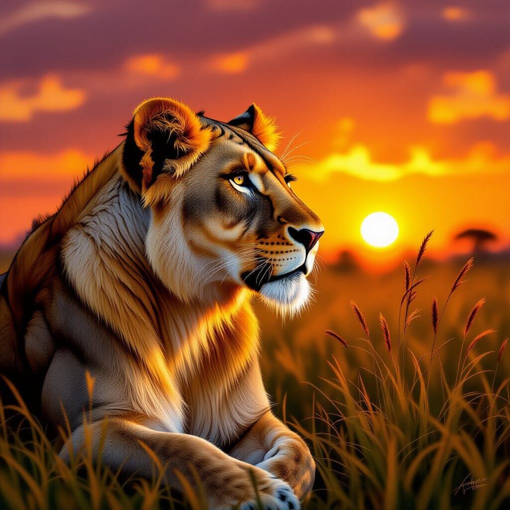 Regal Lioness in Fiery Sunset Savanna