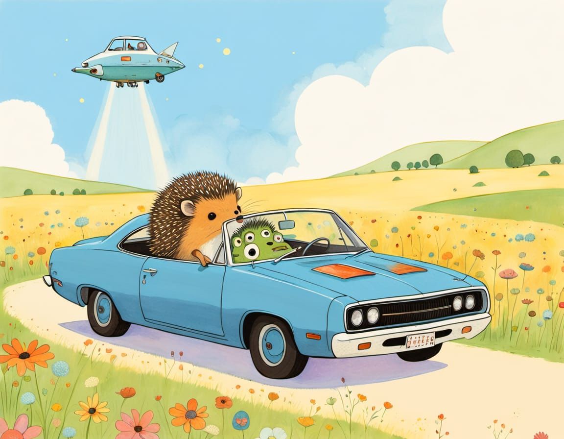 Cute Hedgehog Alien Friends Drive Muscle Car