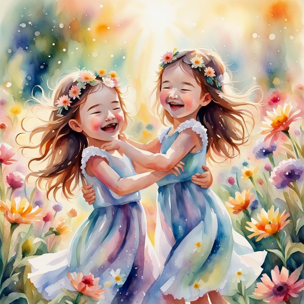 Joyous Sisters Dancing in a Magical Garden