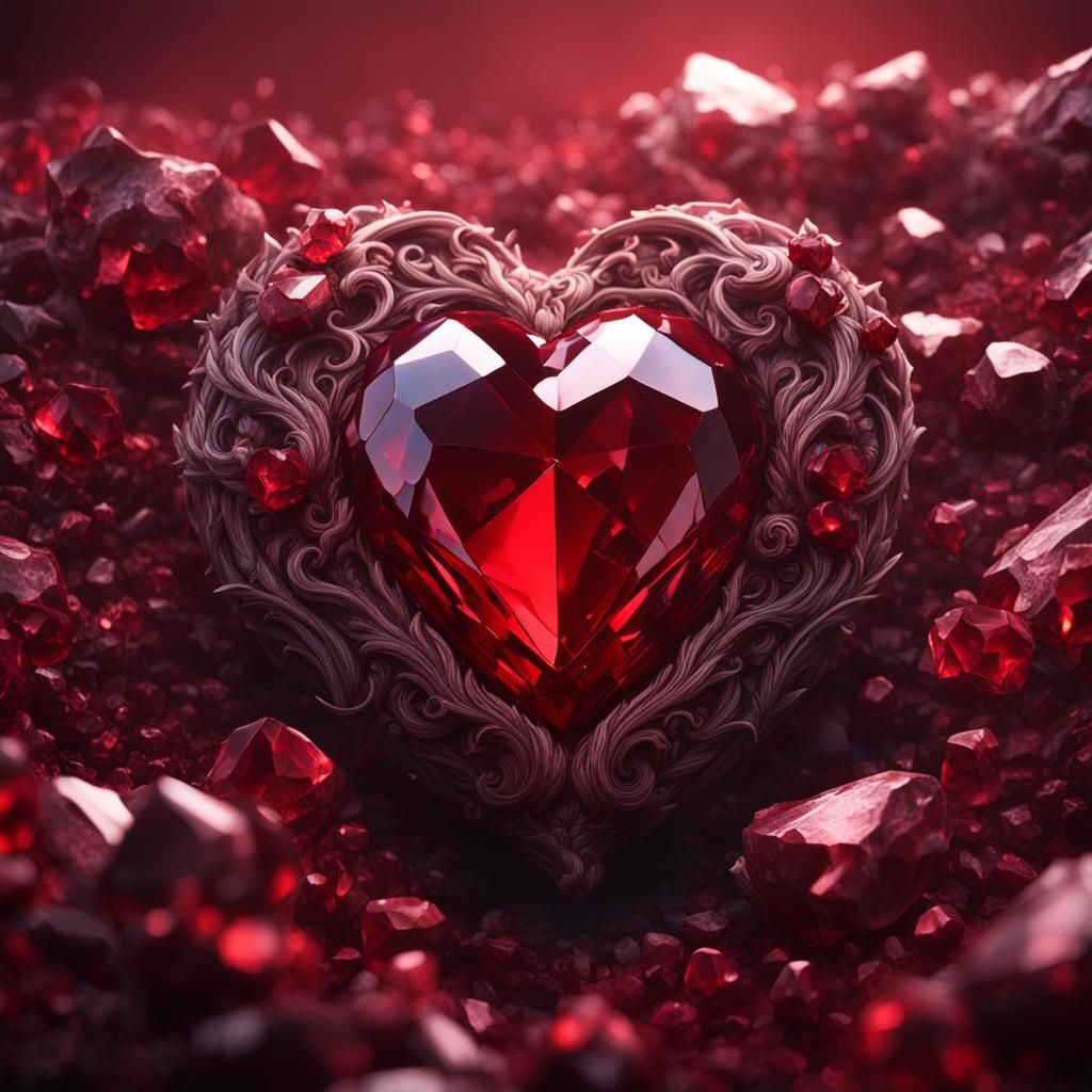 Deep Red Crystal Heart in Detailed Digital Painting