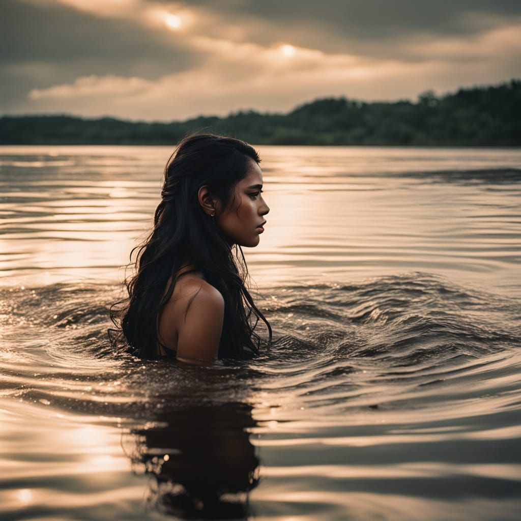 Amerindian Woman Bathing in Lake at Dawn