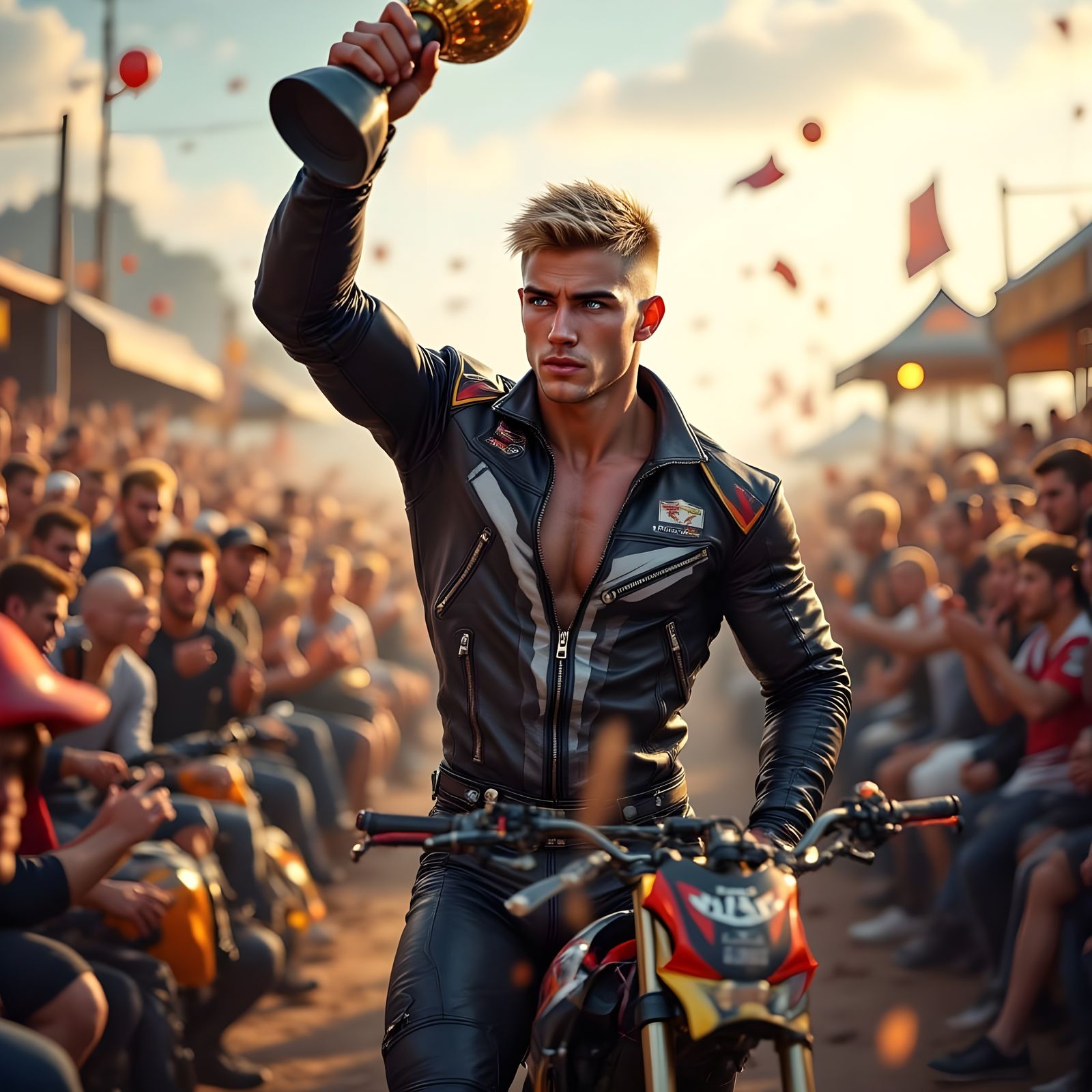 Motorbike Racer Celebrates Victory in Winners' Circle