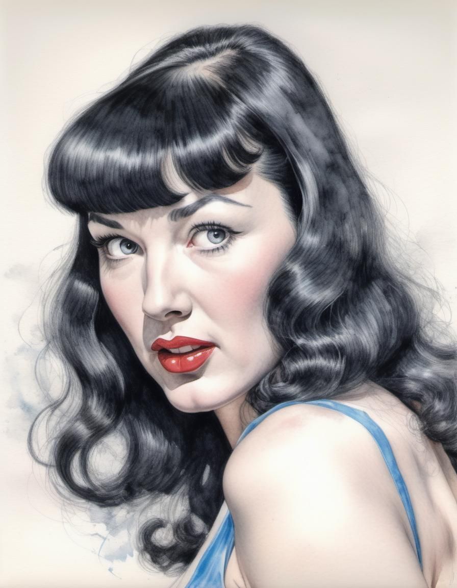 A mesmerizing watercolor and charcoal pencil portrait of Betty Page that masterfully blends the artistic styles of Dan P...