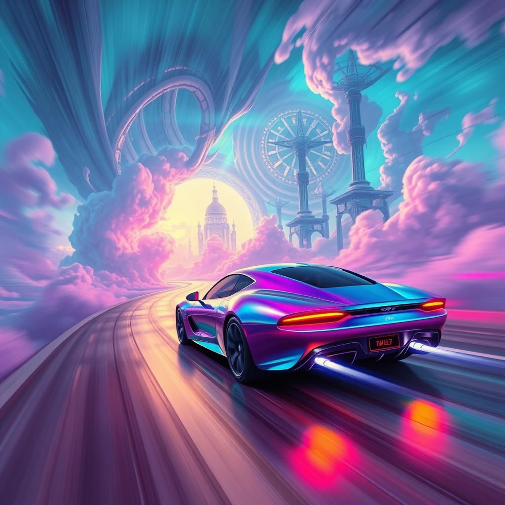 Iridescent Car Speeds Through Surreal Wormhole