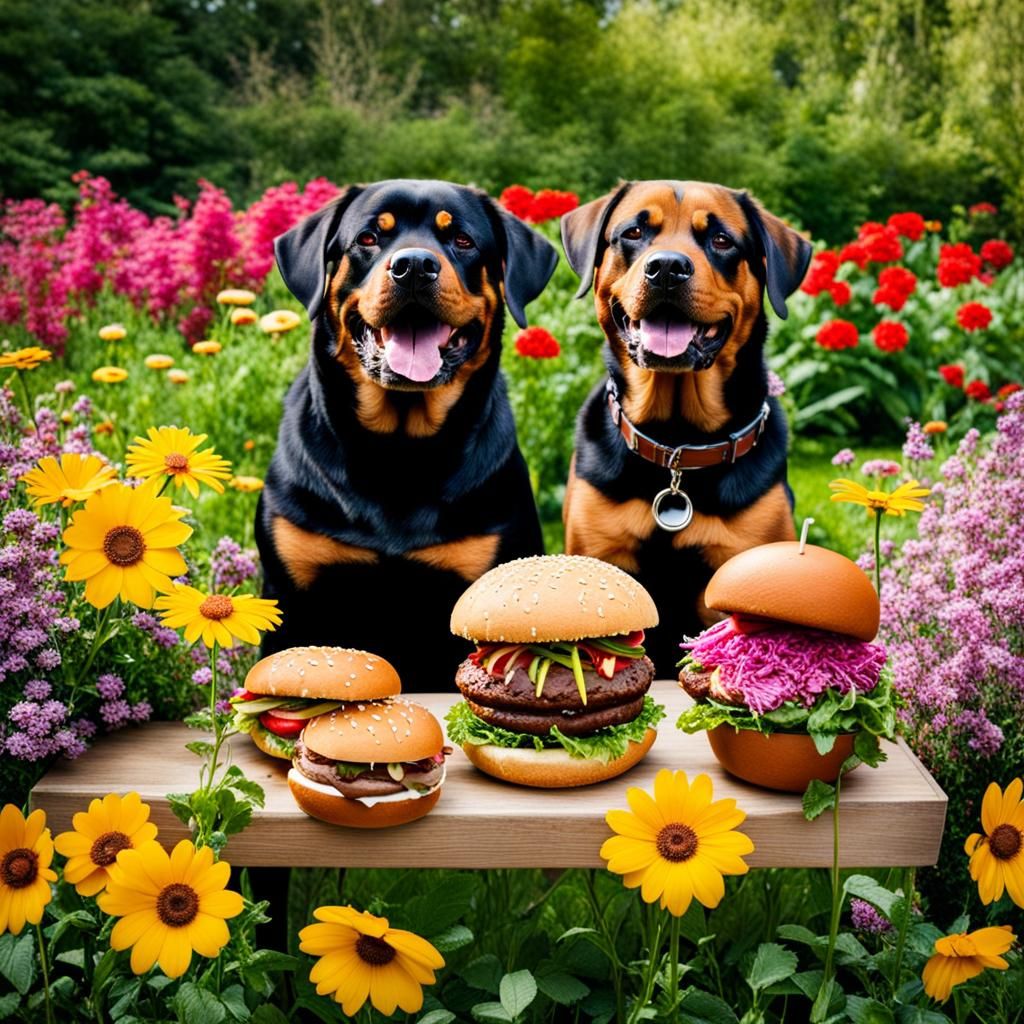Dogs Eating Burgers in Flower Garden