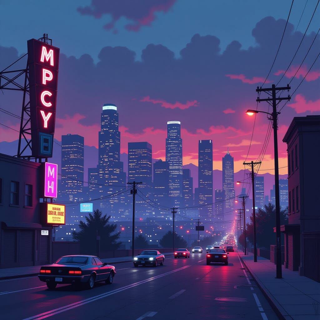 Neon Cityscape at Dusk: Cyberpunk Realism