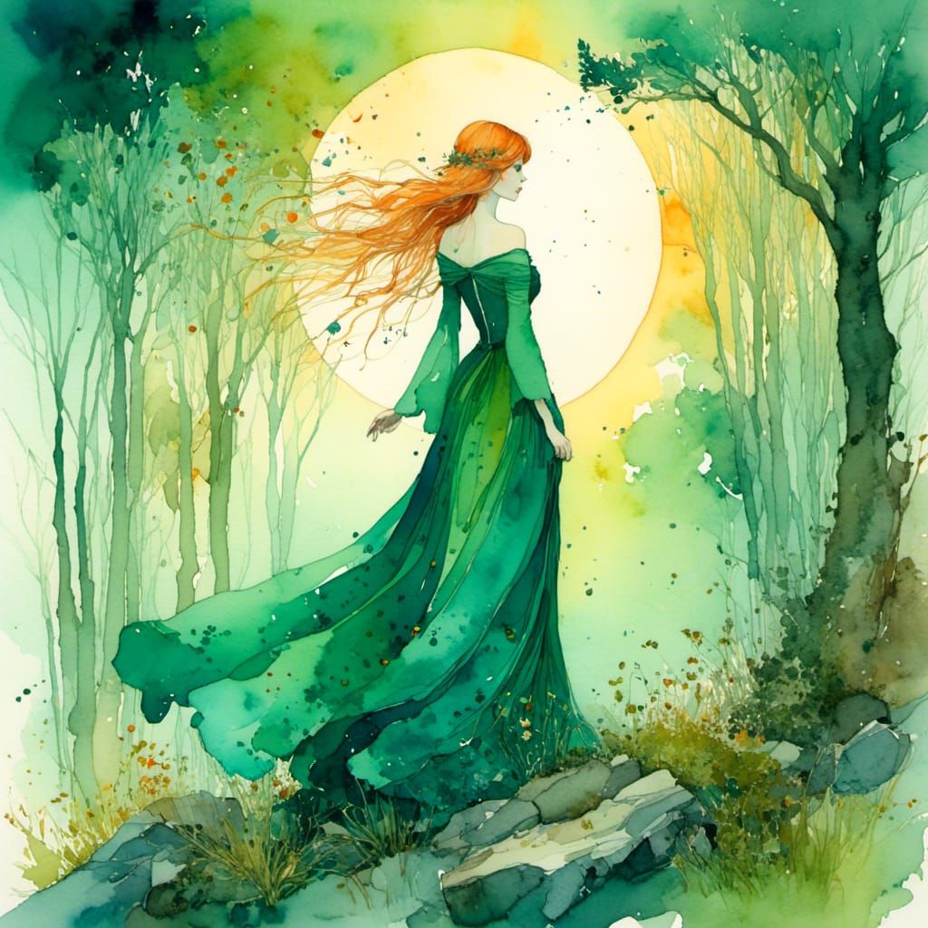 Moss Forest Sorceress in Dreamy Watercolor Style