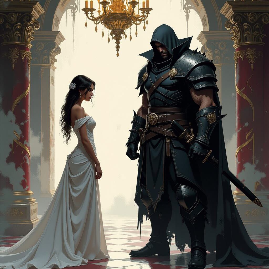 Scarred Assassin Guarding Woman in Royal Setting