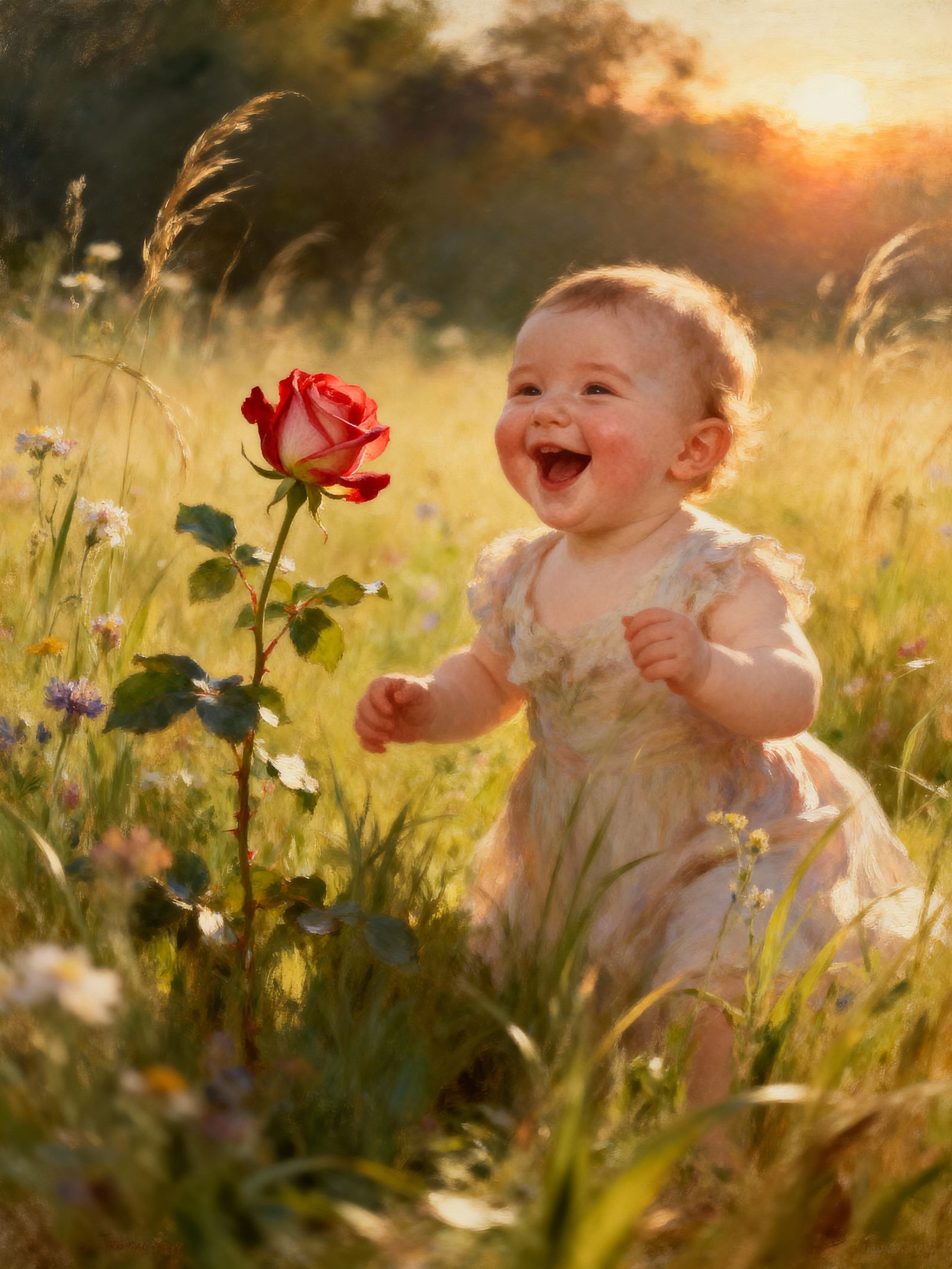 Baby Laughing with Rose in Golden Hour Meadow