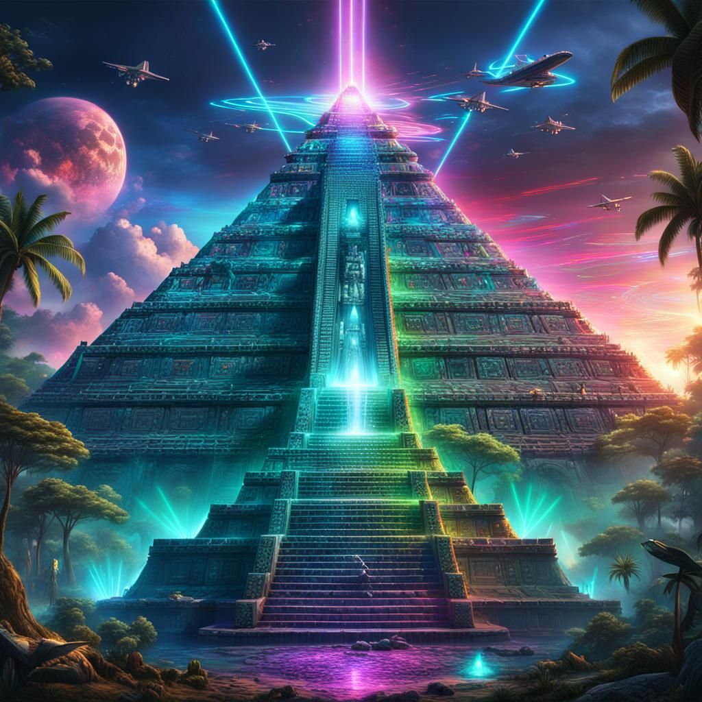 Futuristic Pyramid of Kukulcán with Neon Lights