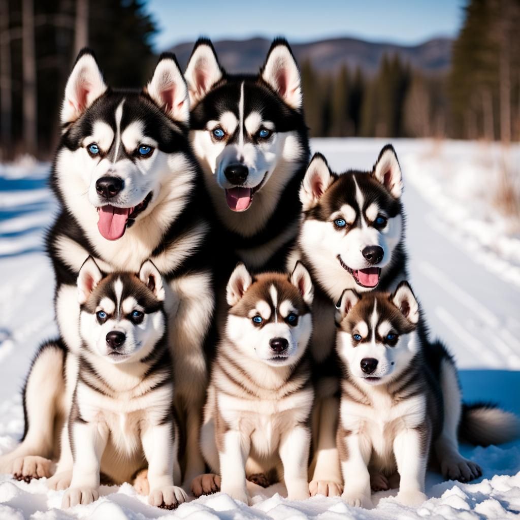 Husky Family Portrait: Mom, Dad, and Puppies