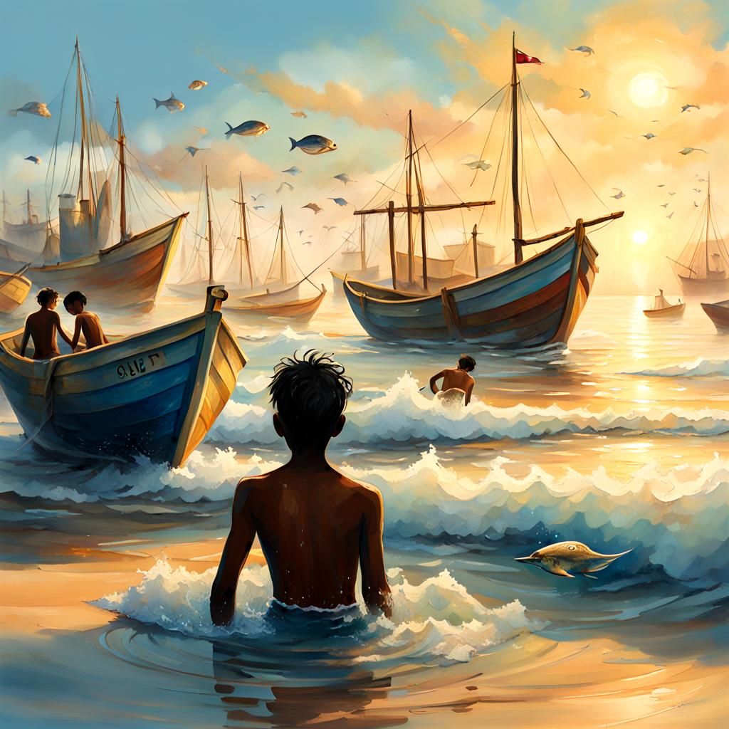 Coastal Fishing Village Scene in Watercolor Style