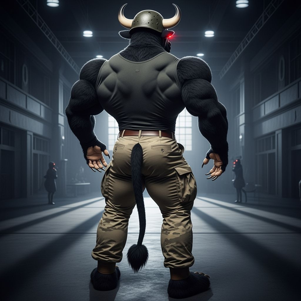 Muscular Bull Fursuit Bodybuilder in Dark Convention Center