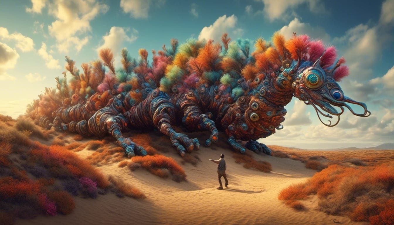 Iridescent Finger-Caterpillar in Surreal Dune Landscape