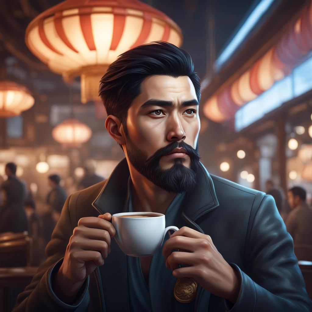 Detailed Portrait of Asian Man with Coffee