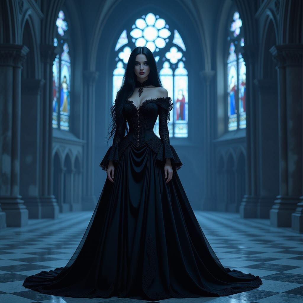 Gothic Woman in Abandoned Cathedral, Hyperrealism Style